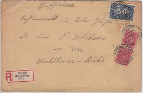 DR-Infla - Dierdorf (Bz. Coblenz) 1923, Einschreibebrief n. Mühlheim/Ruhr