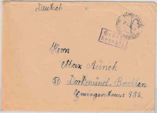 All.Bes. - Mündersbach ü. Selters 12.3.46, Poststelle I, Gebühr bezahlt - Brief