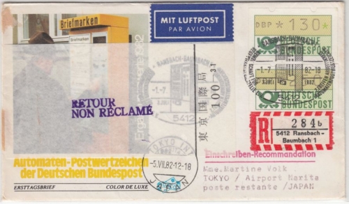 BRD - 130+250 Pfg. ATM, Schmuck-Lupo-FDC n. JAPAN, ESST Ransbach-Baumbach 1982