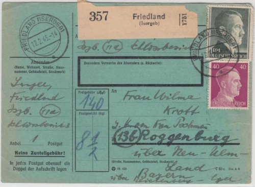 DR - 1 RM+40 Pfg. AH, Postgur-Paketkarte Friedland - Roggenburg 12.2.45