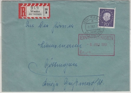 BRD - Waake ü. Göttingen, Poststelle I, Einschreibebrief n. Göttingen 1961