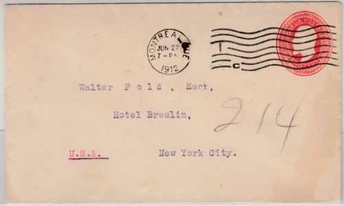 Canada - 2 C. stationery cover, Montreal - New York/USA 1912