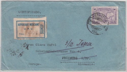 Mexico - 40 C. map, registered mail Veracruc - GERMANY (Freiburg) 1932