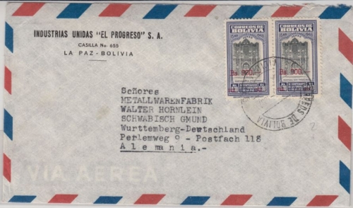 Bolivia - 2x900 Bs. a. 30 C. Foundation La Paz/overprint, airmail cover La Paz