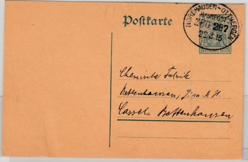DR - Nordhausen - Ottbergen, Bahnpost Zug 287, GA-Karte n. Cassel 1915