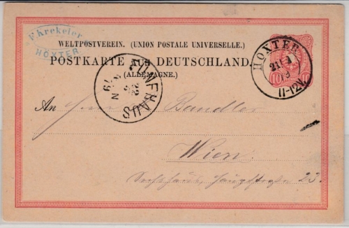 DR - Höxter 1879, nachv. preuss. K2 a. 10 Pfg. GA-Karte n. ÖSTERREICH/Wien