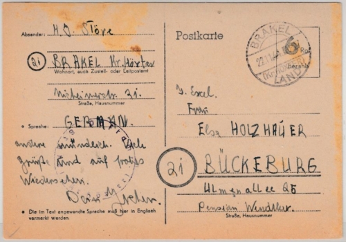 All.Bes. - 6 Pfg. bezahlt Aushilfs-GA-Karte, Brakel Land - Bückeburg 22.11.45
