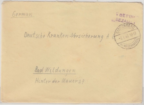 All.Bes. - Eichenberg 3.1.46, Gebühr bezahlt, L2 a. Brief n. Bad Wildungen
