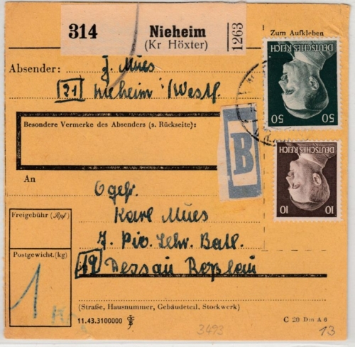 DR - 50+10 Pfg. AH, Paketkarte/Beutelstück n. Dessau 19.2.45