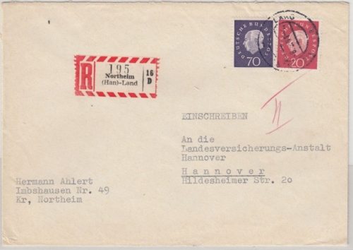 BRD - Northeim (Han) Land, Poststelle I, Einschreibebrief n. Hannover 1961
