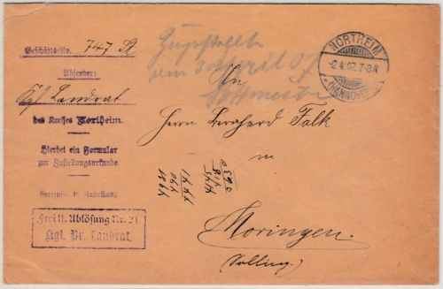 DR - Northeim 1907, Frei d. Ablösung Nr.21 Zustellurkunde n. Moringen