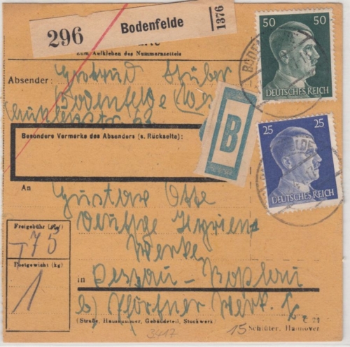 DR - 50+25 Pfg. AH, Paketkarte/Beutelstück Bodenfelde - Dessau 1944