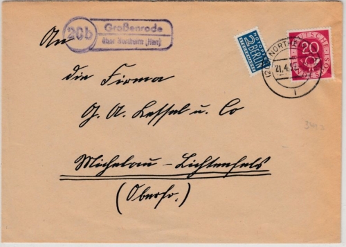 BRD - (20b) Großenrode ü. Northeim, Landpost-Ra2 a. Brief n. Michelau 1952