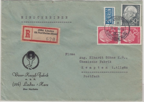 BRD - Lindau ü. Northeim (Han), Poststelle I, Einschreibebrief n. Kempten 1954