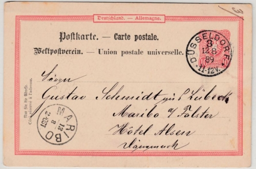 DR - Düsseldorf 3 1889, K1 a. 10 Pfg. GA-Karte n. DÄNEMARK, kl. dän. K1 Maribo