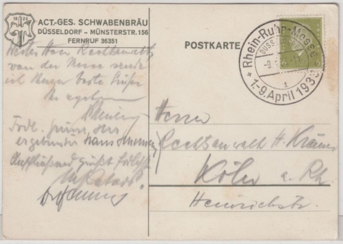 DR - Düsseldorf 1933, Rhein-Ruhr-Messe, SST a. Werbekarte (Schwanenbräu) n. Köln