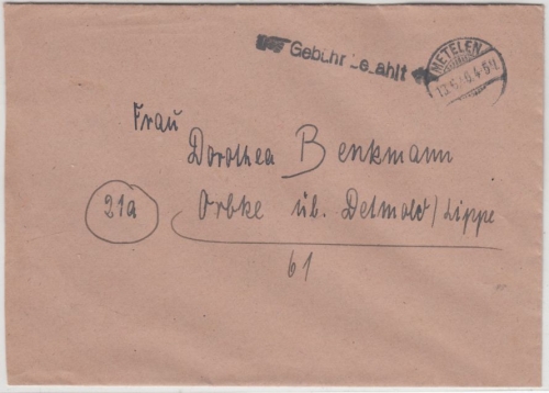 All.Bes. - Metelen 13.6.46, Gebühr bezahlt, L1 a. Brief n. Orbke ü. Detmold
