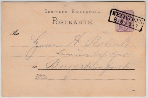 DR - Wettringen 8/6, Ra2 o.Jz., 5 Pfg. GA-Karte n. Burgsteinfurt (ca. 1889/90)