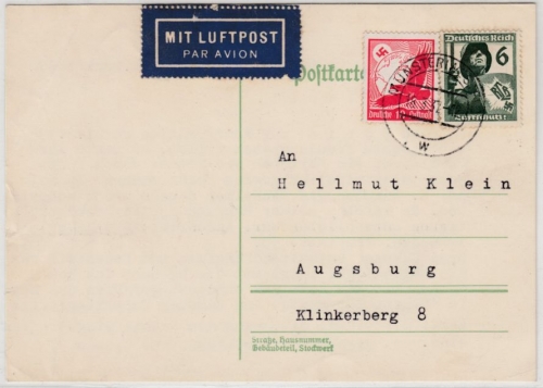 DR - 6 Pfg. RLB u.a., Luftpostkarte Münster - Augsburg 1937