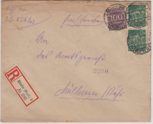 DR-Infla - 2x40 M. Schnitter u.a., Einschreibebrief Münster 5 - Mülheim 30.6.23