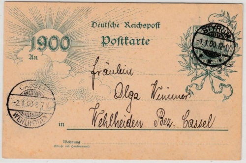 DR - 5 Pfg. Germania, Jahrhundert-GA-Karte Styrum 1.1.00 - Cassel-Wehleiden