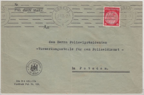 DR - 12 Pfg. Hindenburg/POL-Lochung, Brief Essen - Potsdam 1935