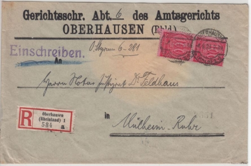 DR-Infla - 2x100 M. Ziffer, Dienst-Einschreibebrief Oberhausen - Mülheim 1923