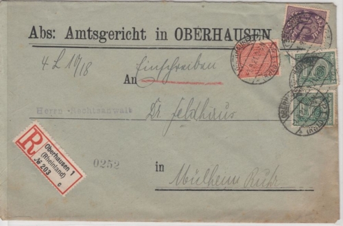 DR-Infla - 2x5 Pfg./21 u.a., Dienst-Einschreibebrief Oberhausen - Mülheim 1921