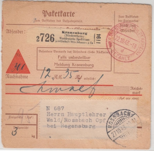 DR - Kranenburg Bezahlt 1943, Nachnahme-Paketkarte/Selbstbucher n. Rossbach 1943