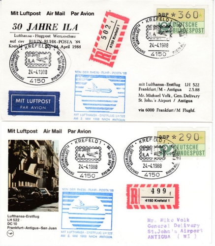BRD - 290 + 360 Pfg. ATM, Einschreibebrief/-karte n. ANTIGUA, SST Krefeld 1988