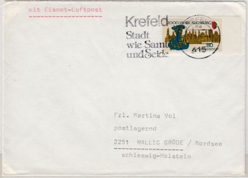 BRD - Eis-Notluftpost, Brief Krefeld - Hallig Gröde/Nordsee 27.1.1985, o. Inhalt