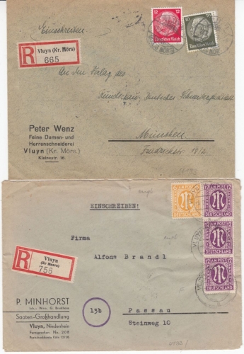 DR/AM-Post - Vluyn (Kr. Mörs), 2 Einschreibebriefe n. München/Passau 1934+1946