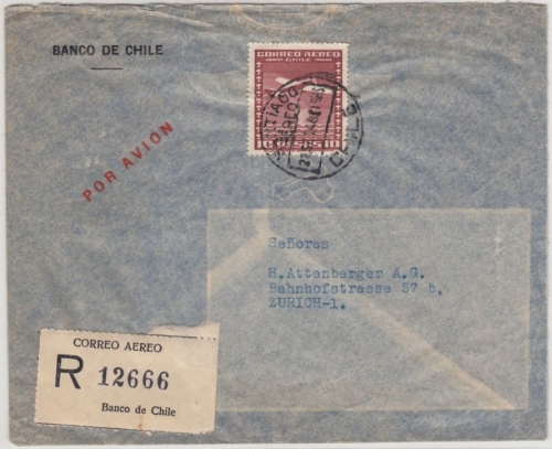 Chile - Registered airmail cover to SWITZERLAND 1948, Santiago - Zürich