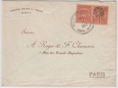 Colombia - 5 C. pair on cover to FRANCE, Bogota - Paris 1897
