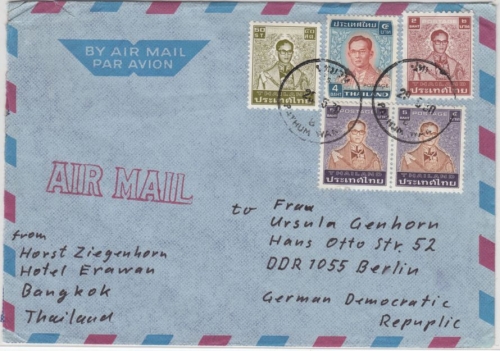 Thailand - 2x5 B. King Bhumipol etc., airmail cover to DDR, Bangkok -Berlin 1980