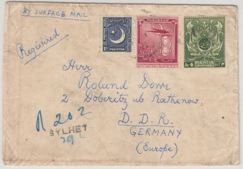 Pakistan - 3 A. sand glass etc., registered cover to DDR, Sylhet - Döberitz 1954