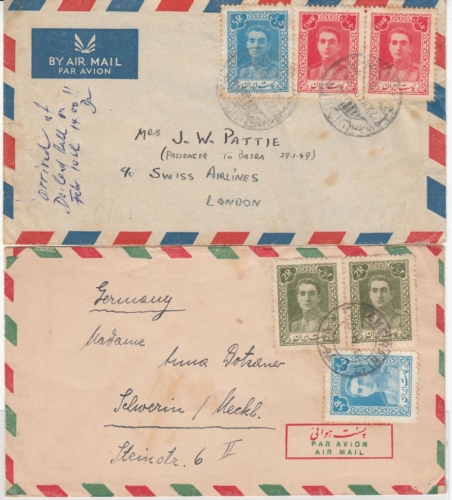 Iran - 2 airmail covers, Teheran - Schwerin 1948, 1x to England 1949