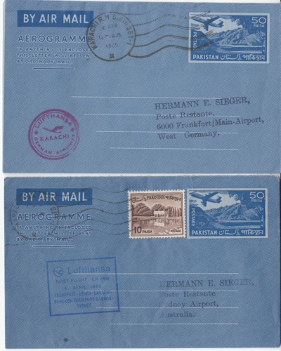 Pakistan - 2 aerogramme staioneries, Lufthansa First Flight Karachi/Sydney 1965