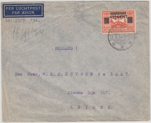 Dutch East Indies - Airmail cover to HOLLAND 1934, Oengaran - Leiden