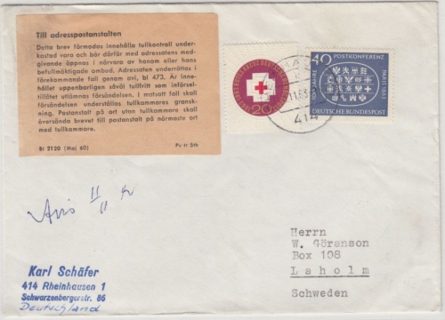 BRD - Rheinhausen 1963, Brief n. SCHWEDEN + Hinweiszettel