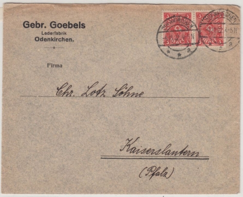 DR-Infla - 2x3 M. Posthorn, Firmenbrief Odenkirchen - Kaiserslautern 1922