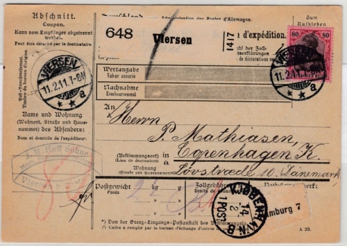 DR - 80 Pfg. Germania, Paketkarte n. DÄNEMARK, Viersen - Kopenhagen 1911