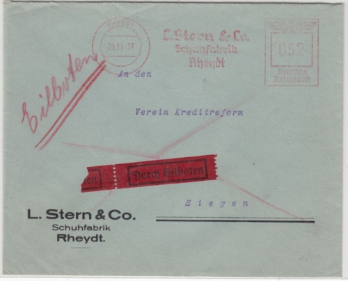 DR - 52 Pfg. AFS "Stern Schuhfabrik", Eilbrief Rheydt - Siegen 1937