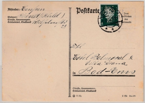 DR - 8 Pfg. Ebert/Perfin "ASB", Karte Rheydt - Bad Ems 1929