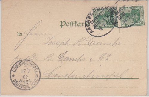 DR - Aachen-Hagen, Zug 411, Bahnpost, Karte i.d. TÜRKEI, M.Galdbach 1902 n.