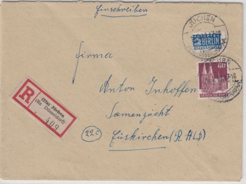 Bizone - 60 Pfg. Bauten + Notopfer, Jüchen - Euskirchen 1949