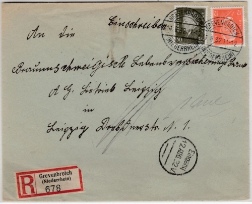 DR - 30+12 Pfg. Reichspräsidenten, Einschreibebrief Grevenbroich - Leipzig 1932
