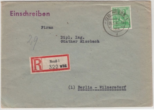 All.Bes./Kontrollrat - 84 Pfg. Arbeiter, Einschreibebrief Neuss - Berlin 1947