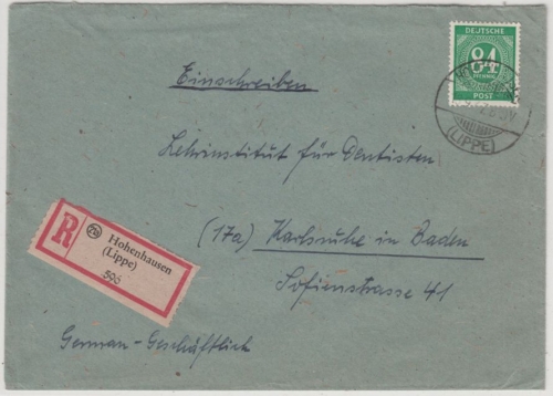 All.Bes./Kontrollrat - 84 Pfg. Ziffer, Einschreibebrief Hohenhausen (Lippe) 1947