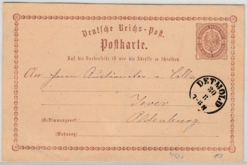 DR - Detmold 30/8 (1874), kl. K1 a. 1/2 Gr. Brustschild GA-Karte n. Oldenburg